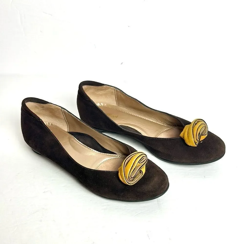 BeautiFeel Chocolate Brown Suede Flats Shoes  Mustard Rosettes size 38 US 7-7,5